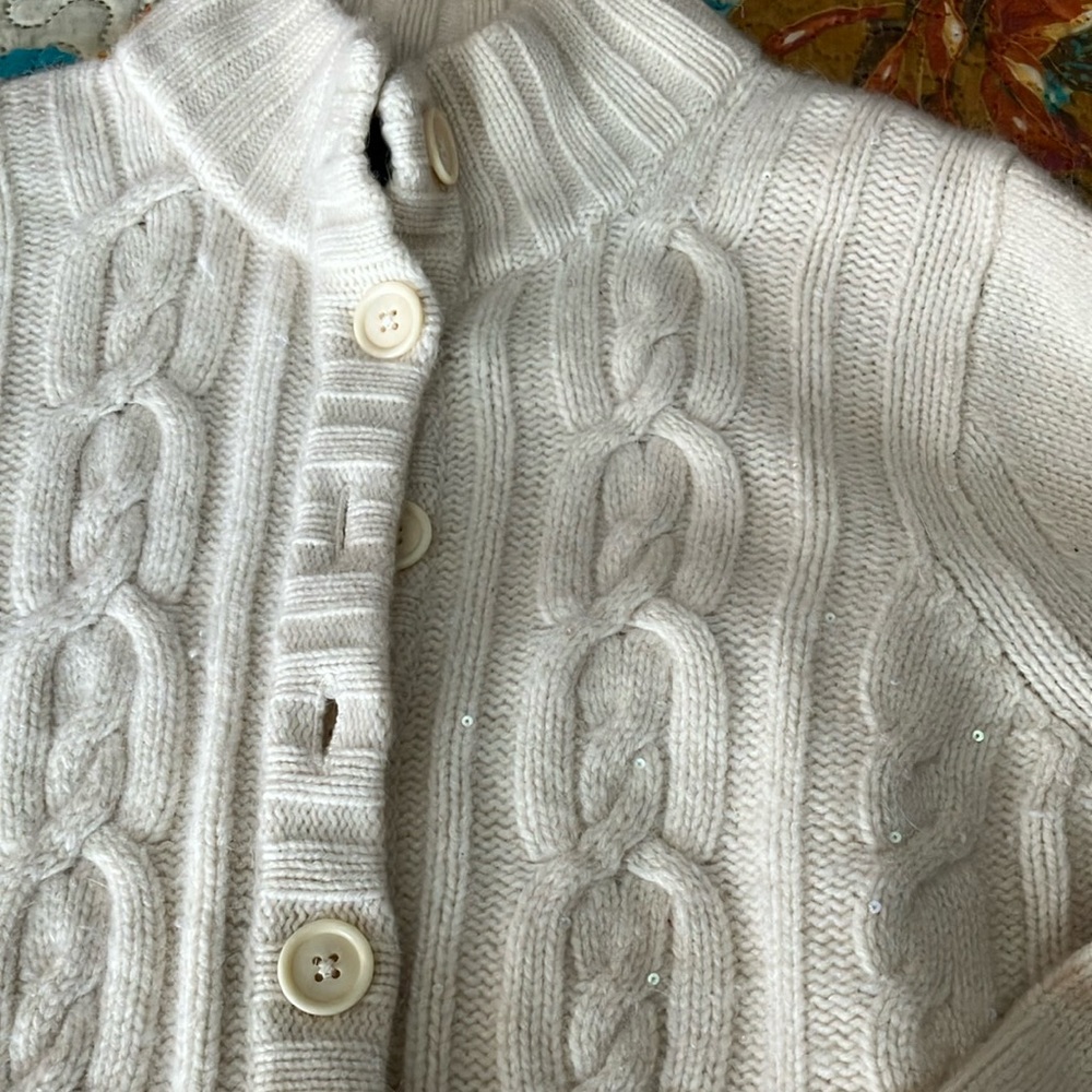 Cream button-up sweater with sequined detailing. XL.